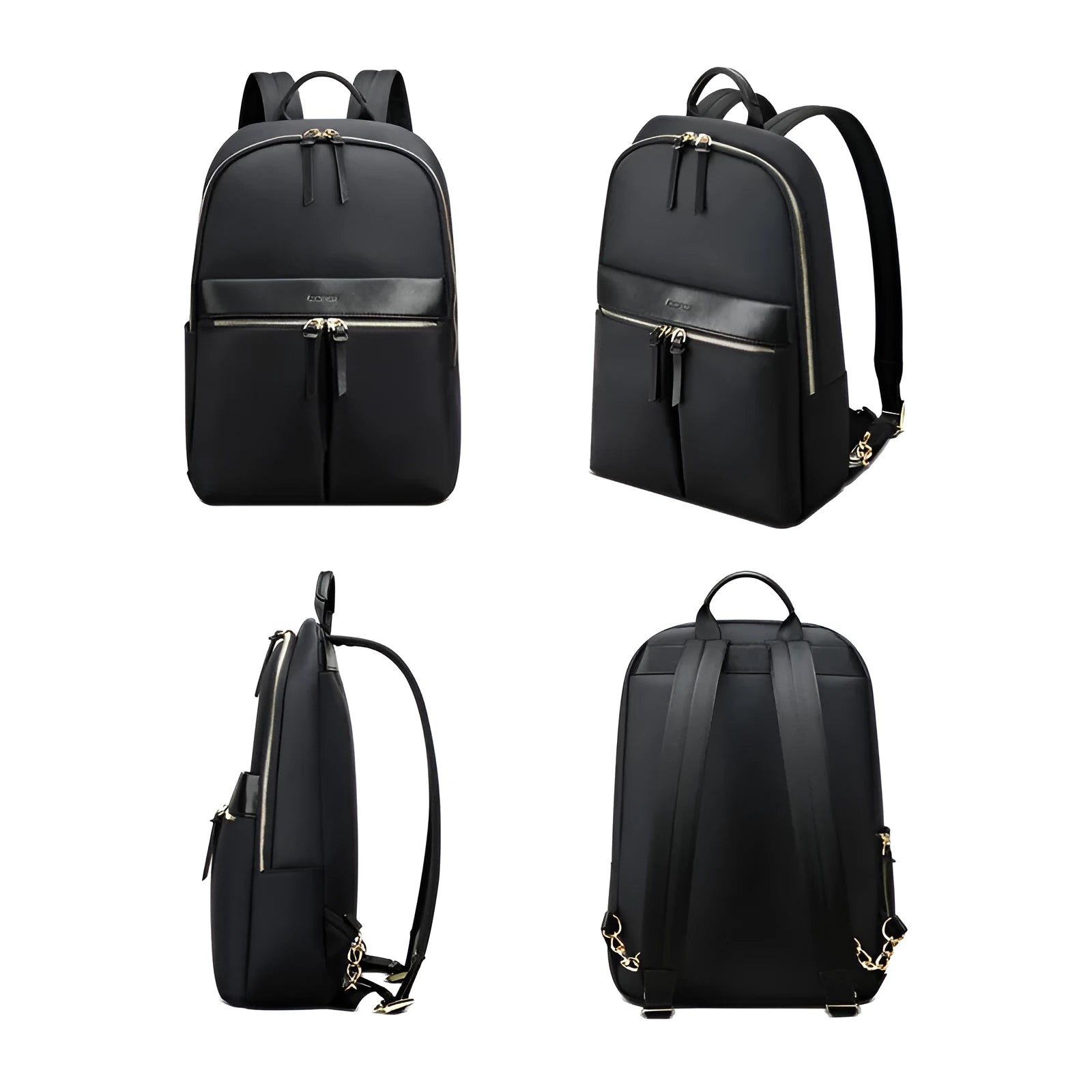 Women's black nylon backpack with zipper opening, internal computer sleeve, and phone pocket