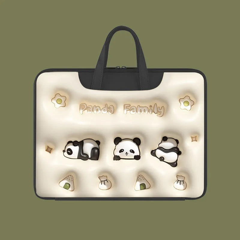 Inflatable laptop bag with PU leather lining and character design hanging from suitcase
