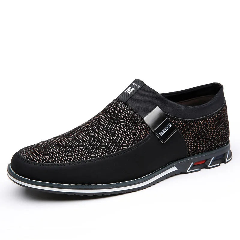 Men's synthetic leather casual shoes in black with a square toe and flat rubber sole.