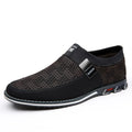 Men's synthetic leather casual shoes in black with a square toe and flat rubber sole.