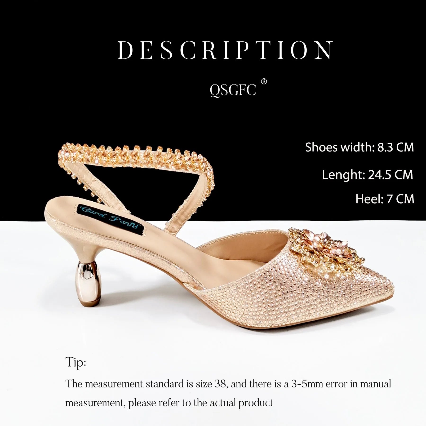 Women's black high heel shoe and matching clutch bag with floral rhinestone decoration and chain strap.