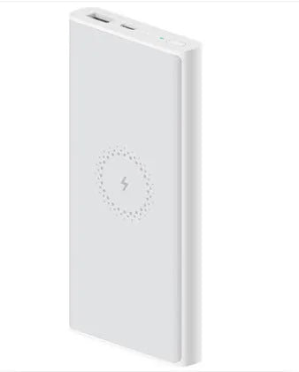 White and black 10000mAh power bank with USB-C port and wireless charging capability