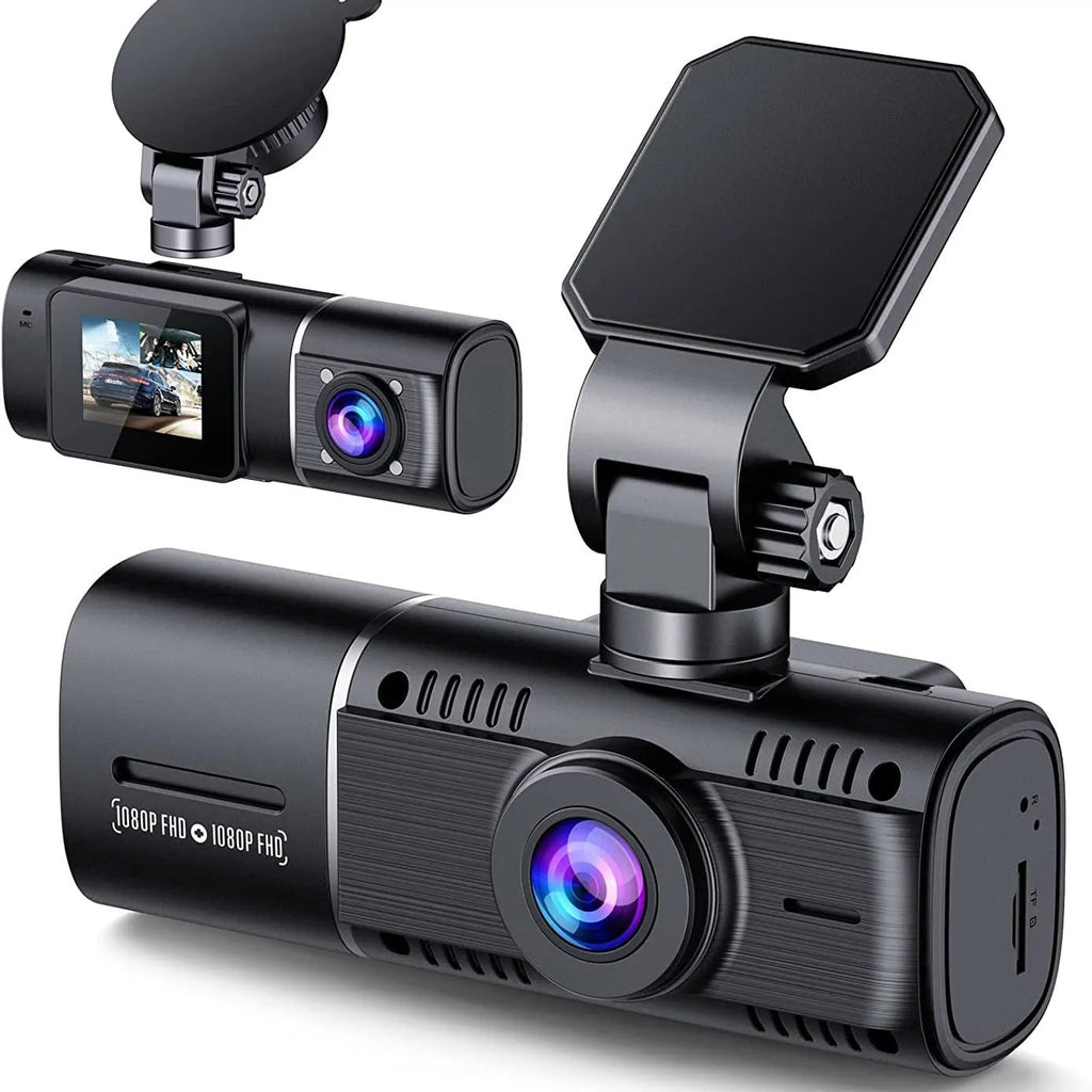 Black dual-channel car dash cam on windscreen mount with rear camera cable.