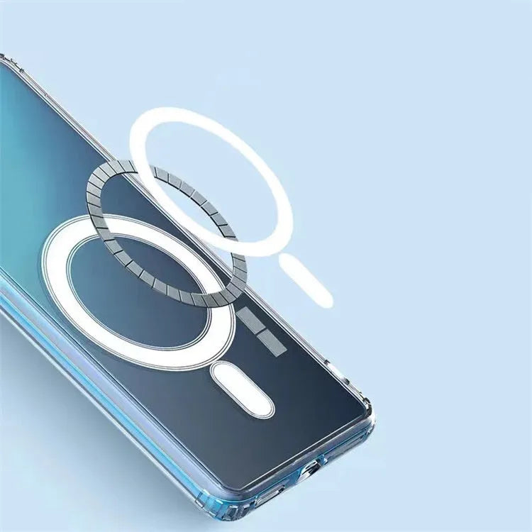 Transparent MagSafe magnetic phone case for Samsung Galaxy S21 S22 S23 models on a table.