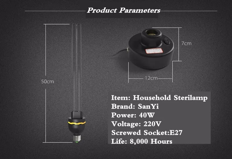 UV disinfection lamp with ozone, E27 base, 31-40W for home sterilisation