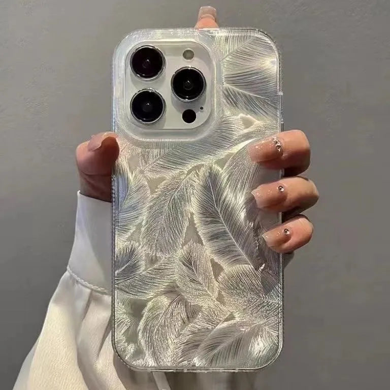 Feather pattern gradient TPU phone case in Silver Gray for iPhone, showing three-dimensional relief texture