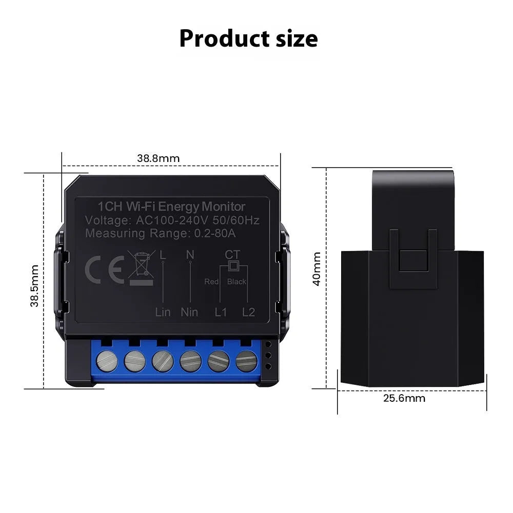 Black intelligent on-off switch with WiFi monitoring and electricity statistics, 39x39x19mm