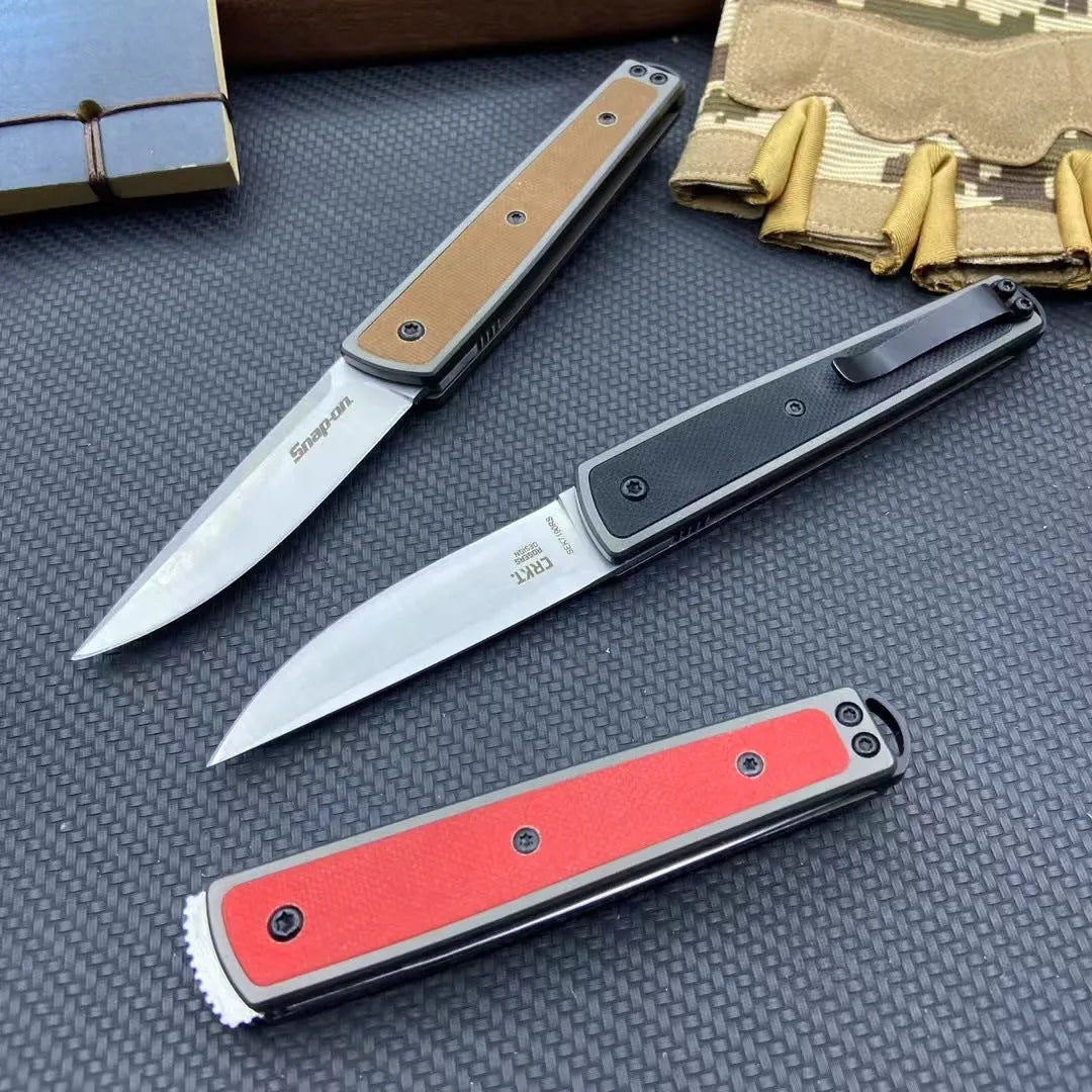 Handmade folding fruit knife with stainless steel blade shown open, in black, red, or brown colour options.