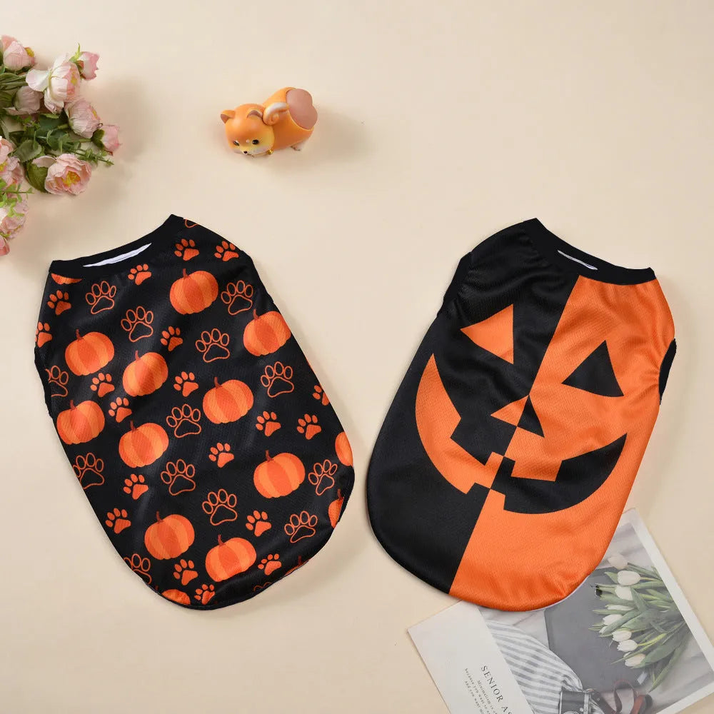 Polyester Halloween pet costume showing pumpkin and ghost prints on a dog or cat in size M