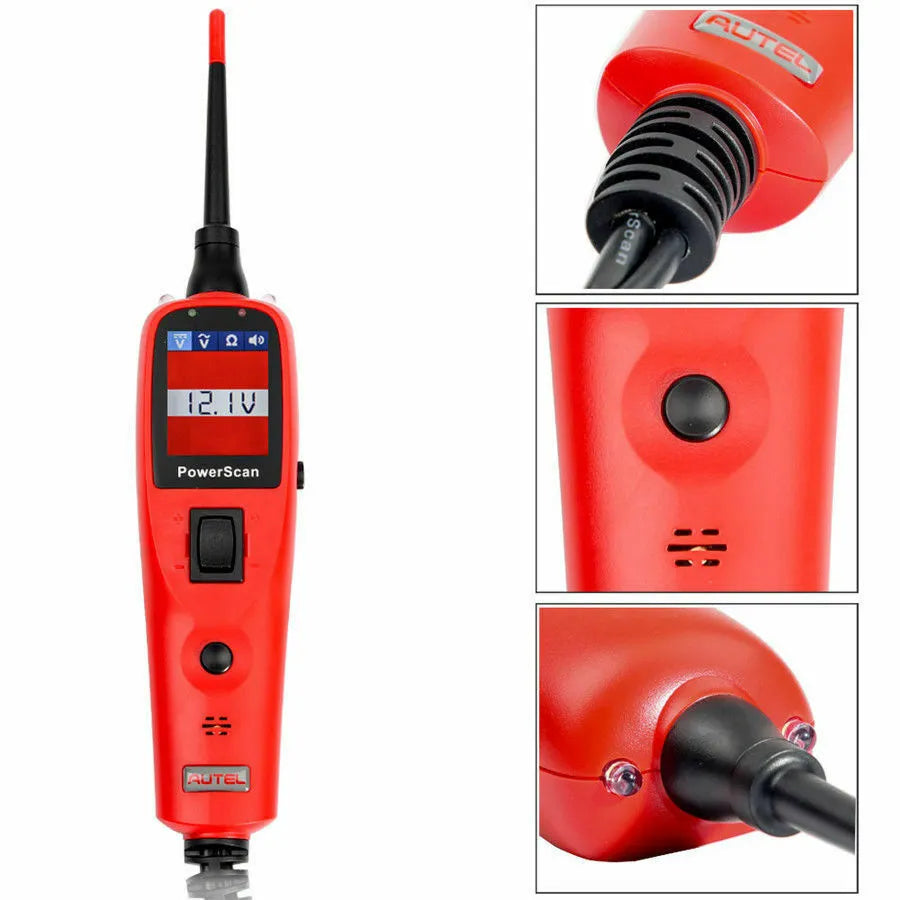 Autel PowerScan PS100 circuit tester with 20-foot cable and built-in flashlight on a car battery