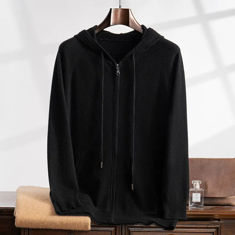 Men's cashmere zip-up knit cardigan jacket in Elegant Camel, loose fit, hooded, front view