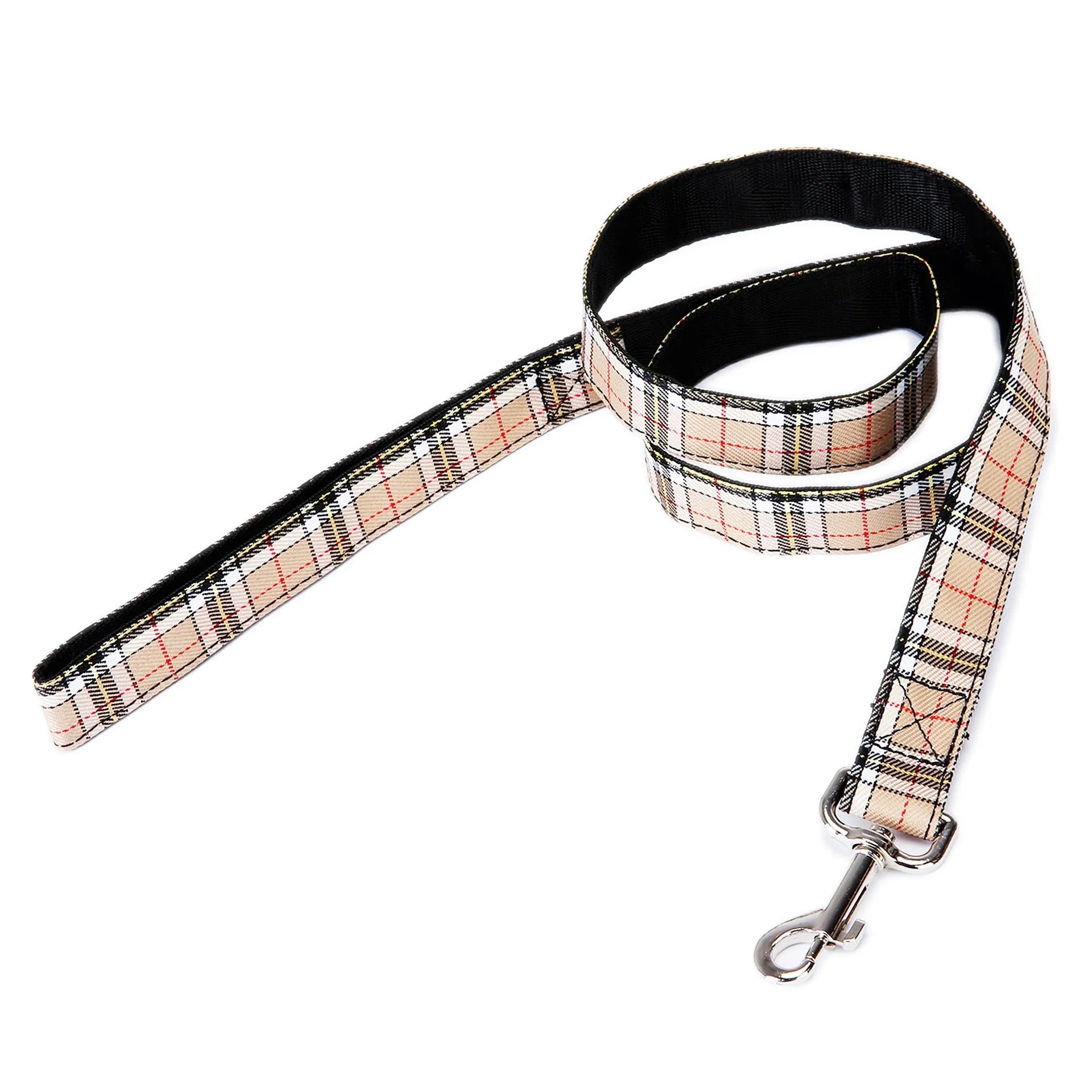 Black pet traction rope with plaid stripe pattern, 120cm long with hand holding loop.