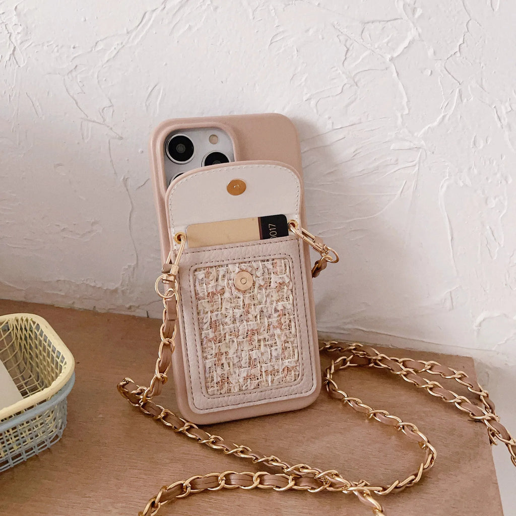 PU leather crossbody chain card holder phone case for iPhone, woven pattern, frosted finish, black colour option