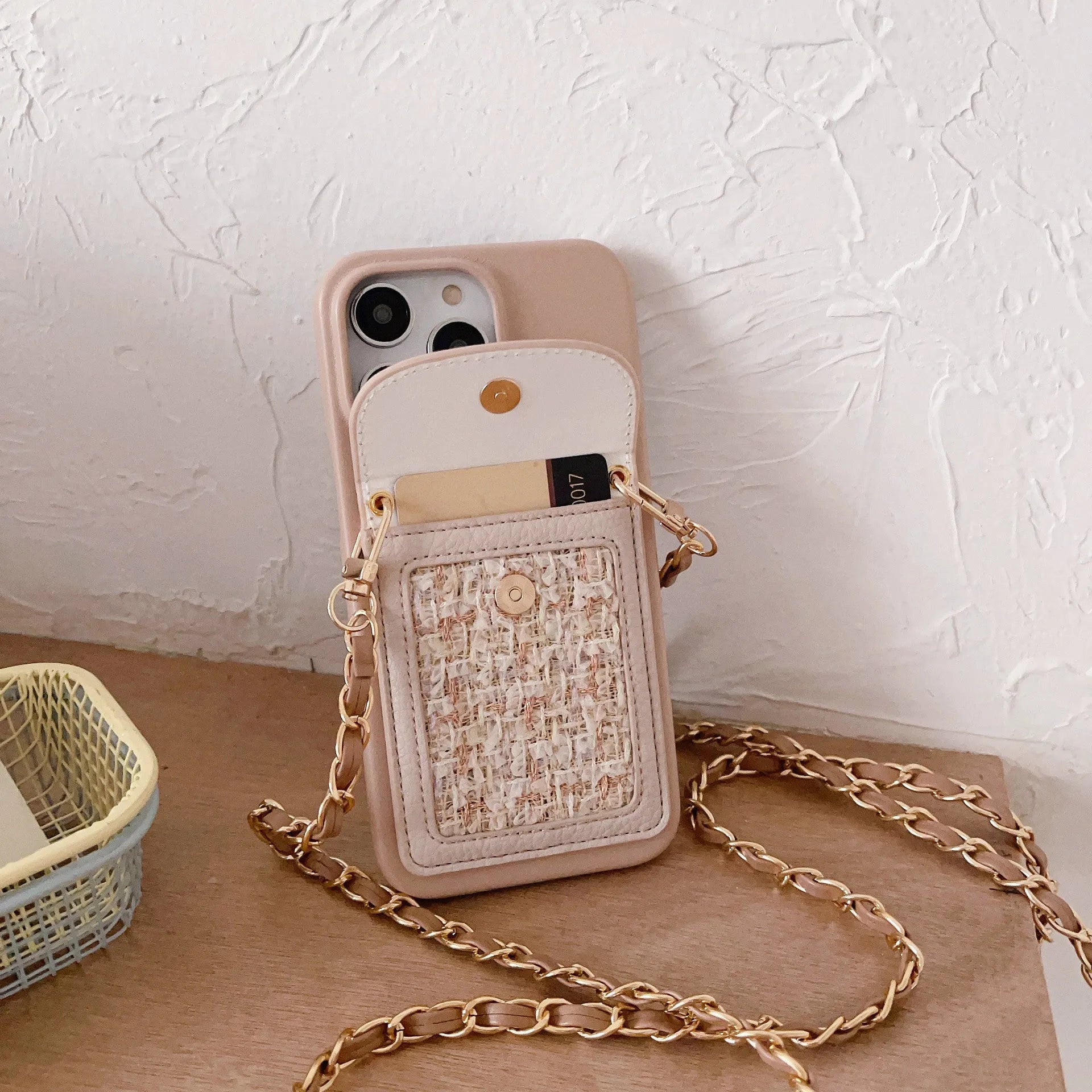 PU leather crossbody chain card holder phone case for iPhone, woven pattern, frosted finish, black colour option