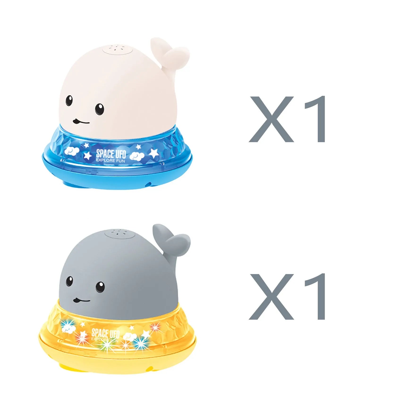 Electric whale-shaped bath spray toy with water-activated automatic spray, LED lights, and floating capability