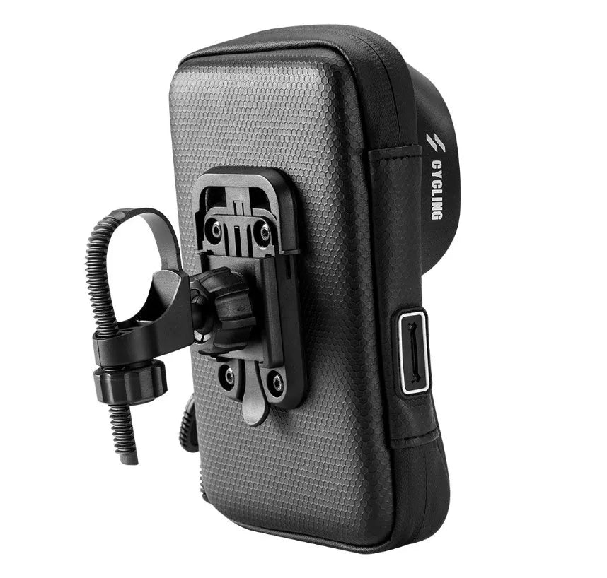 Black waterproof bicycle handlebar bag with transparent touch screen and rotating mount for navigation
