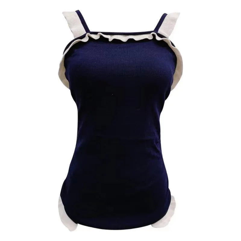 Women's conservative one-piece swimsuit in nylon fabric showing colour options including black with white edge