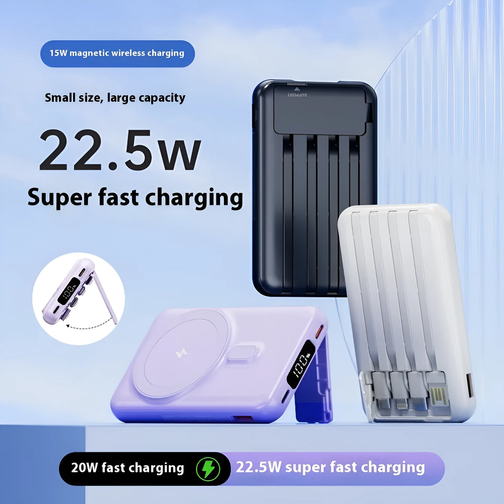 Magnetic wireless power bank with 10000mAh plastic shell in dark blue, purple, and white colours showing compact size