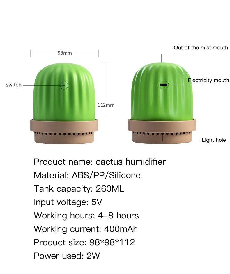 Cactus humidifier night light in green with colourful glow, 260ml tank, USB model