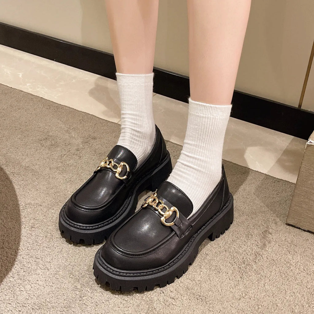 British retro round toe flat heel shoes in black glossy with PU upper