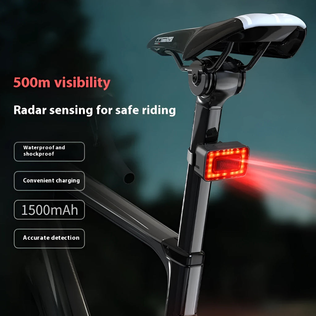 Compact black radar bicycle taillight with dual brackets and a TYPE-C charging port on a bike seat post.