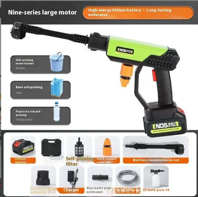 Green wireless high-pressure water gun with metal head and six-in-one nozzle, next to its battery, charger, and accessories on a grey background.