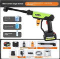 Green wireless high-pressure water gun with metal head and six-in-one nozzle, next to its battery, charger, and accessories on a grey background.