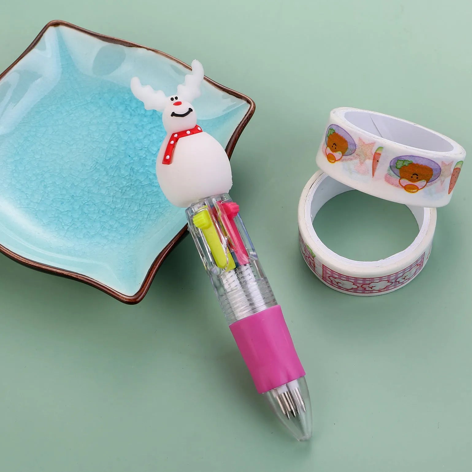 Christmas four-colour press ballpoint pen with festive designs, 11cm compact size