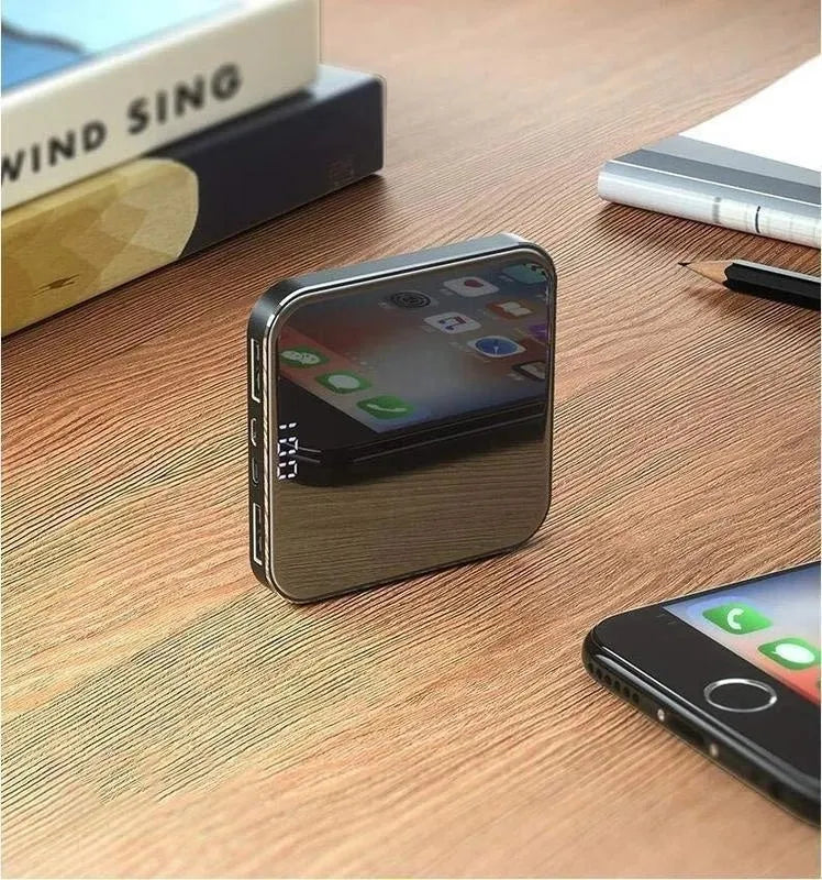 Ultra-thin mirror mini charging power bank with LCD display and alloy shell in black