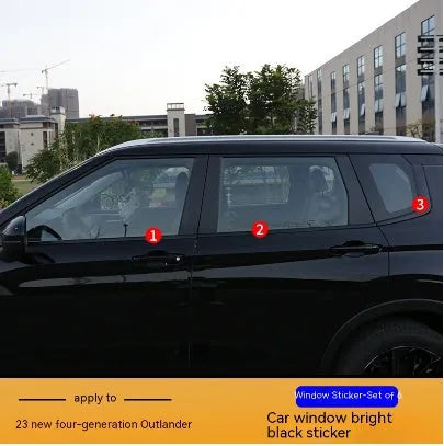 Set of black and carbon fibre pattern adhesive protective films for 23 Mitsubishi Outlander window pillars.