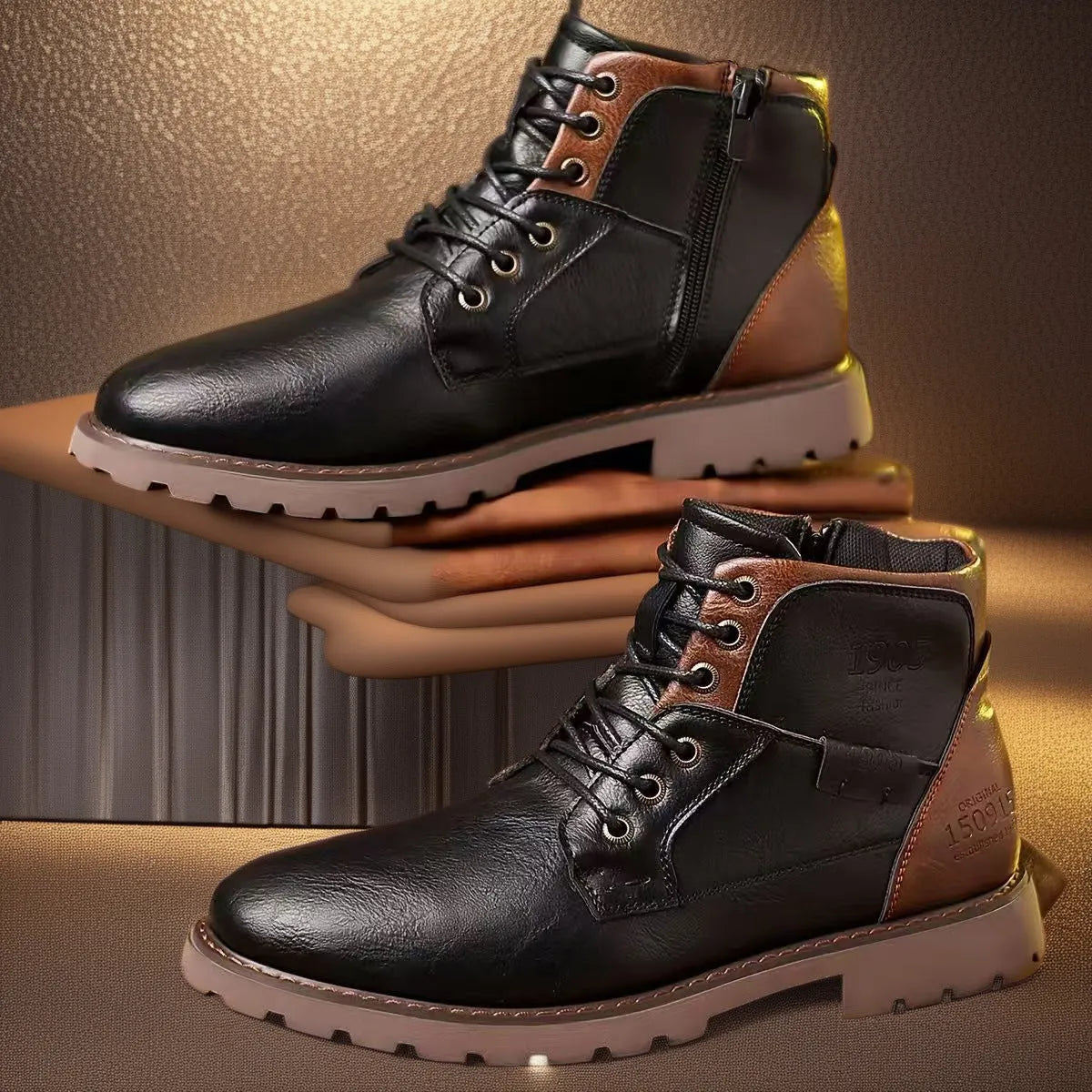 Men's brown Martin ankle boots with side zipper and rubber sole