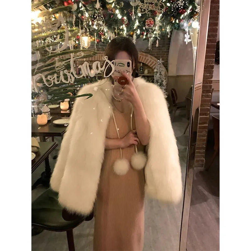 Corduroy coat for young women with rabbit fur, slim fit, in milk coffee, black, milk white or mousse milk tea