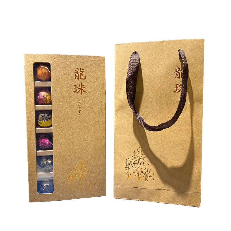 Gift box of six flavor flower tea with 18 tablets including jasmine, lily, peony, yellow chrysanthemum, rose, and chrysanthemum