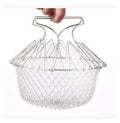 Stainless steel foldable deep fry basket with a grid design and a handle.