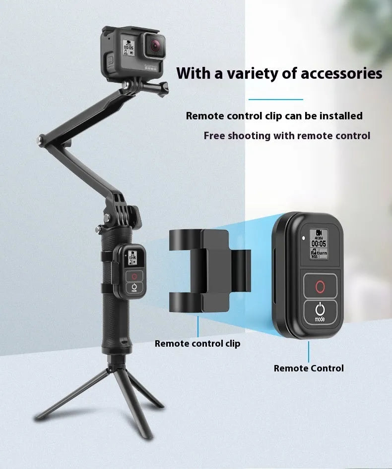Black portable folding camera tripod stand for GoPro Hero action cameras on a flat surface.