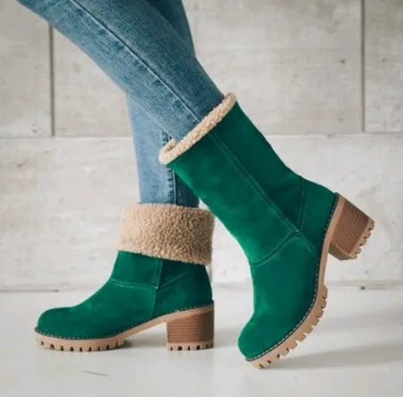 Women's mid-tube suede snow boots with a thick heel and waterproof platform in various colours.