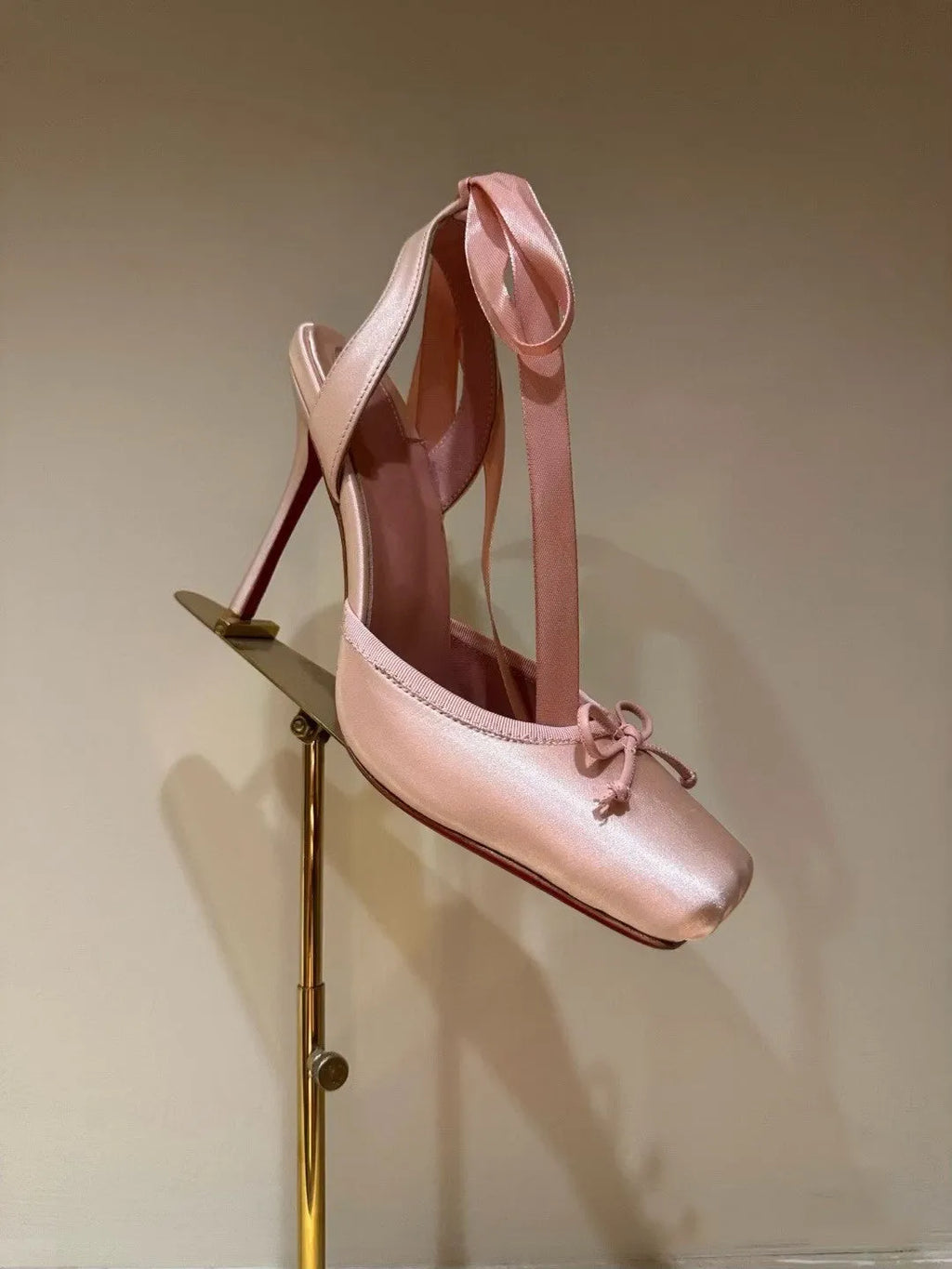 Ladies satin square toe stiletto heel sandals in apricot colour, size 37