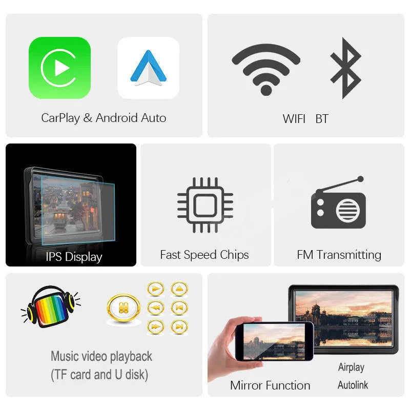 7 inch portable car smart screen with wireless CarPlay and Android Auto on retractable bracket