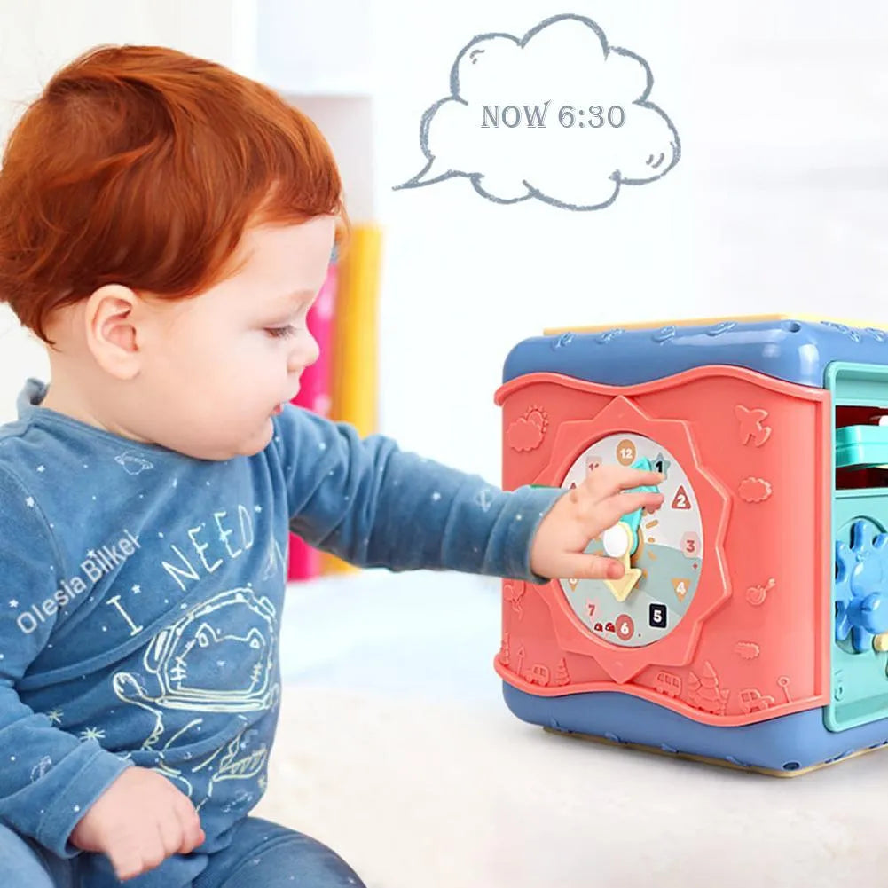 ABS plastic hexahedron educational toy with six different Montessori activities including bead maze and gears