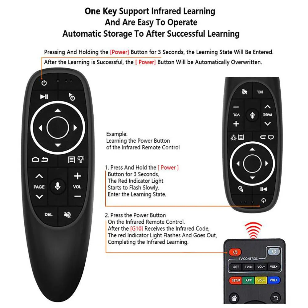 G10 G10S series black wireless remote control with silicone buttons for Android and PC.
