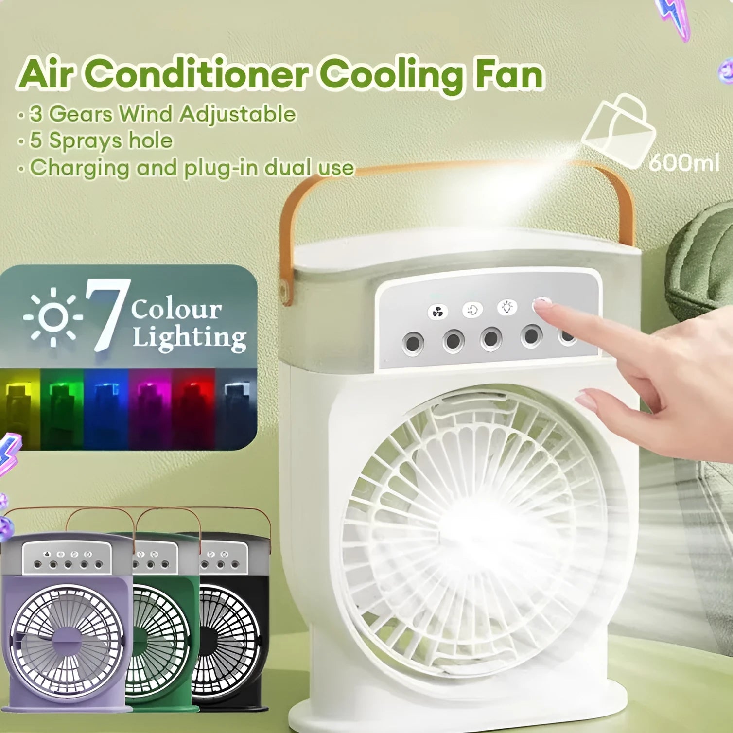 Portable USB air conditioner cooling fan with 7 colour LED lights and 600ml water tank in white