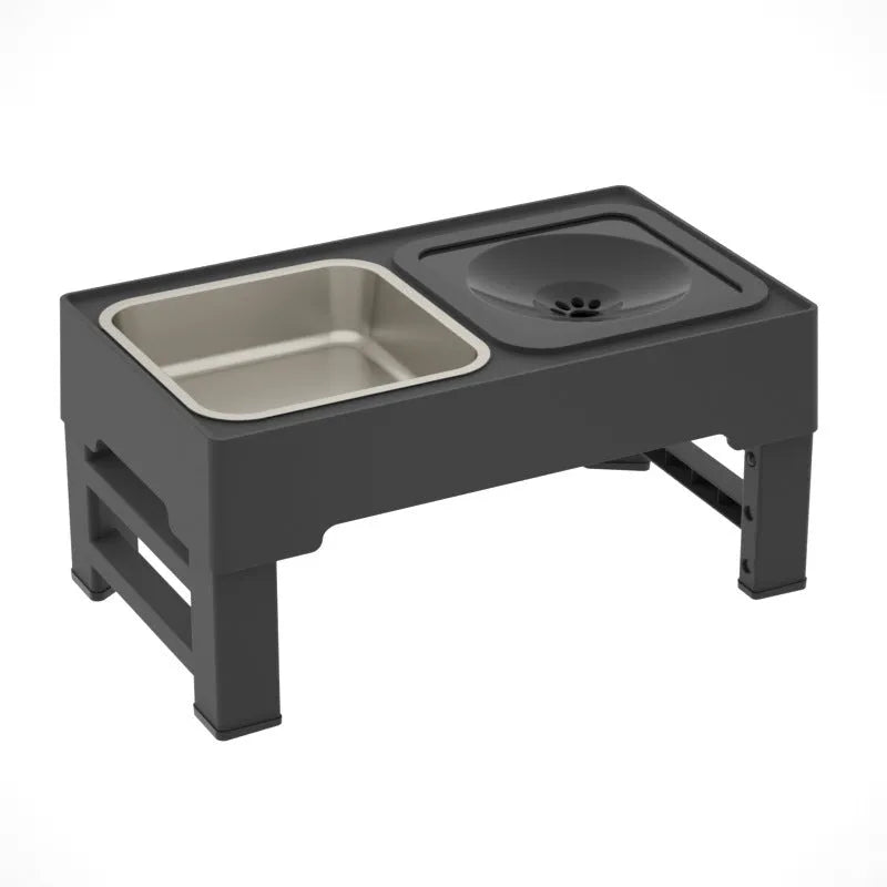 Adjustable height black dog bowl stand with two stainless steel food and water bowls