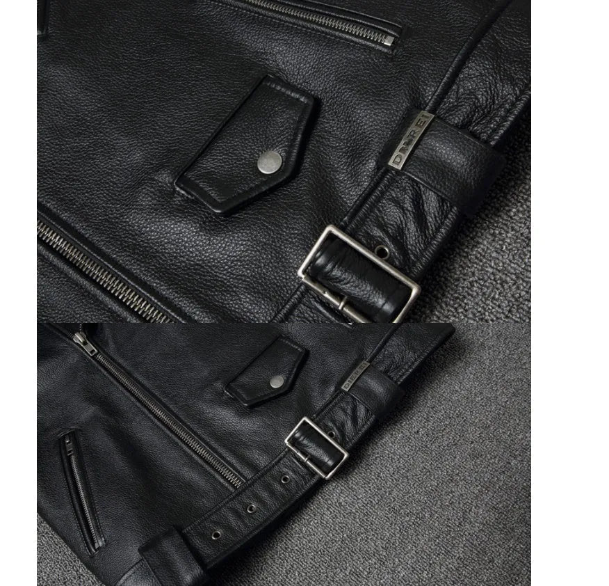 Harley's cowhide leather motorcycle jacket for men, black, short length, skinny fit, with lapel collar and zipper front