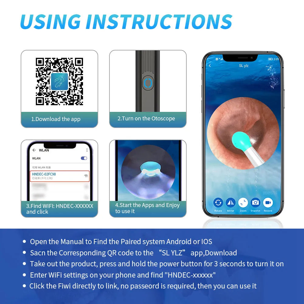 NE3 wireless otoscope ear cleaner with camera, LED light, and smartphone display showing ear canal view