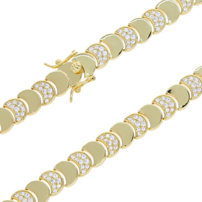 Women's gold moon zircon pendant necklace and bracelet set on chain, 41cm and 17cm