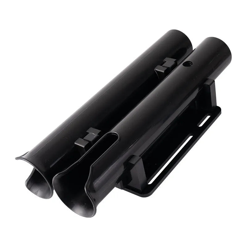 Black plastic fishing rod rack for bicycle and motorcycle mounting with clamp attachment
