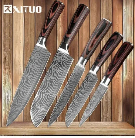 7Cr17 stainless steel kitchen knife with Damascus pattern blade and coloured wood handle on a cutting board.
