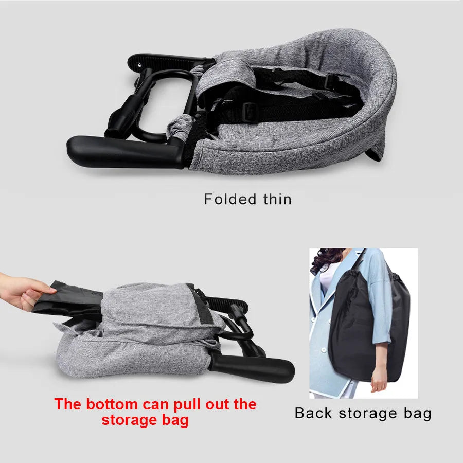 Portable baby high chair dining seat with safety belt folded and unfolded