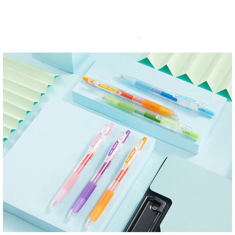 Set of six Direct Juice Baiguole 0.5mm gel pens showing metallic gold, silver, and pastel coloured barrels.