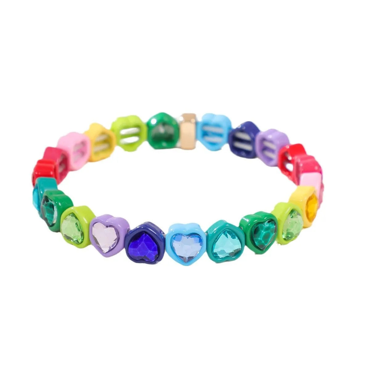 Rainbow enamel alloy heart stretch bracelet showing heart charm with diamond treatment in multiple colour options